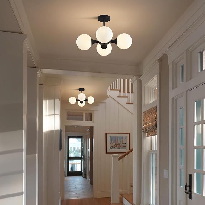KCO Lighting Mid Century Modern Semi Flush Mount Ceiling Light Fixture Farmhouse Black Globe Sputnik Chandelier Ceiling Light 4-Light Milk Glass Hallway Ceiling Light