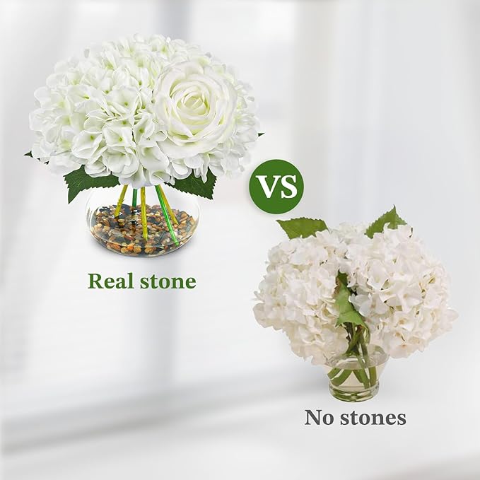 N&T NIETING Artificial Hydrangea Flowers with Vase White Fake Flowers with Rose Faux Hydrangea Flowers with Faux Water Real Stone for Home Office Table Room Wedding Centerpiece Decorations