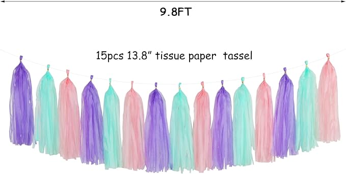 Pink-Purple Mint Mermaid Ocean-Themed Party-Decorations - 15pcs Tassel Garland Streamers Wedding Birthday Engagement Baby Bridal Shower Tassels Banner Decor Panduola