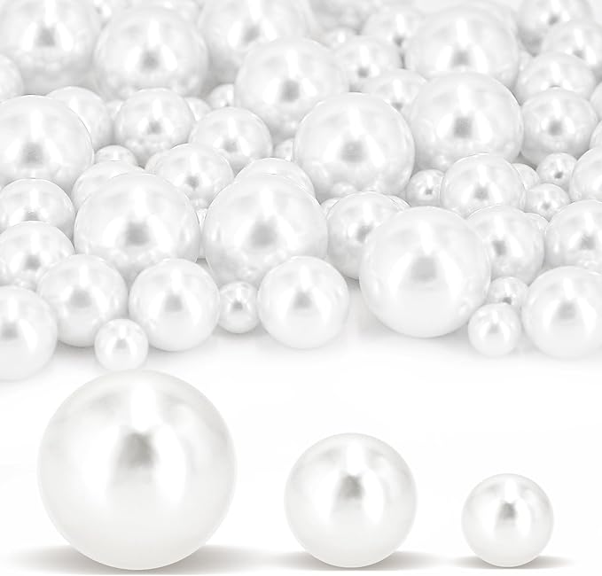 180PCS White Beads for Centerpieces Vases, No Hole Polished Pearl Makeup Beads Mixed 8/14/20mm Sizes, Pearl Vase Fillers Table Scatters for Party Wedding Decor
