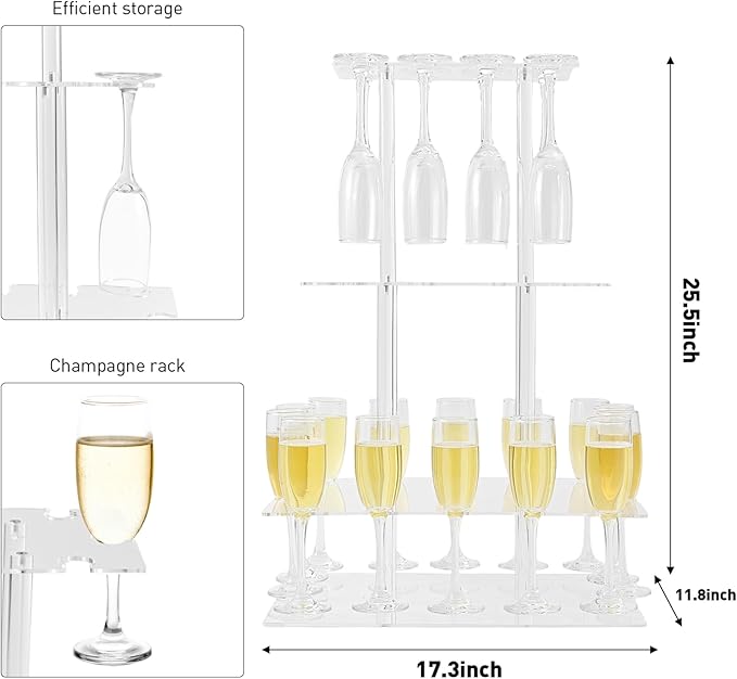 Champagne Tower, Rectangle Acrylic Champagne Display Rack Stand with 32 Slots, 3 Tier Floating Sight Champagne Flute Holder for Party, Wedding, School, Celebration, 17.3x11.8x25.5inch
