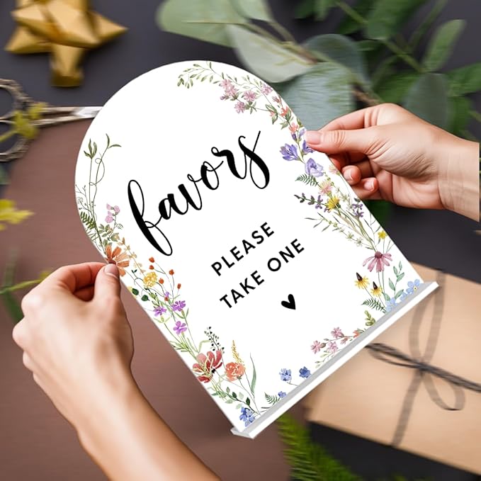 Acrylic Wedding Signs, Favors Please Take One Signs for Marriage Reception, Bridal Shower Decorations, Modern Arched Round Top Acrylic Table Top Sign with Holder for Wedding Party (White Wildflowers)