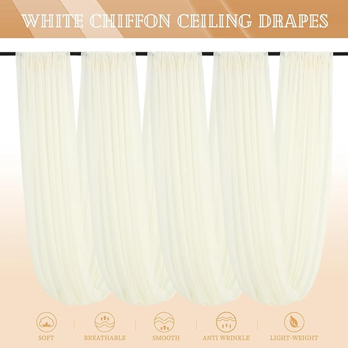 4 Panels Ivory Ceiling Drapes for Wedding 5ftx20ft Sheer Drapery Chiffon Fabric Arch Draping Curtains for Party Ceremony Birthday Baby Shower Reception Stage Ceiling Decorations