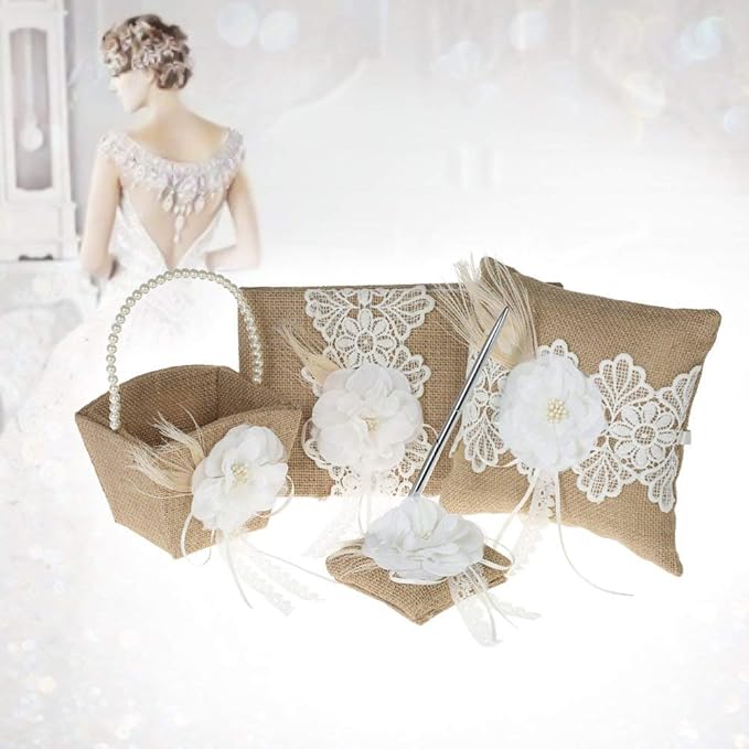 Fbest 4pcs/Set Vintage Rustic Burlap Wedding Supplies Flower Girl Basket + Ring Bearer Pillow + Guest Book + Pen Holder Set