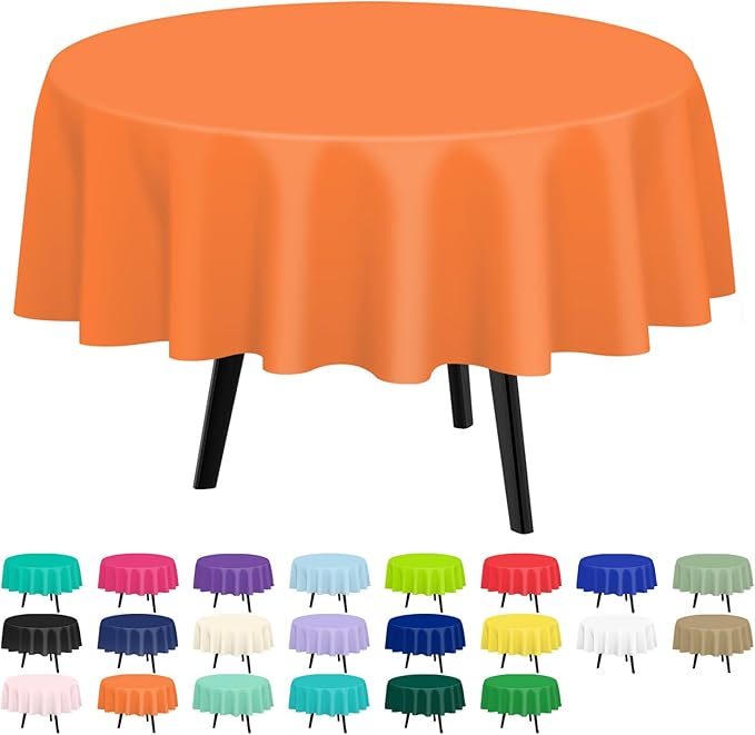 QIKSION Orange Round Tablecloth 6 Pack, 84 Inch Plastic Table Cover Disposable for Parties