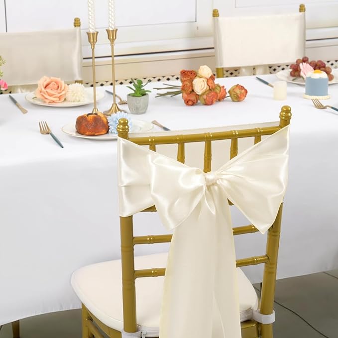 fani 120 PCS Ivory Satin Chair Sashes Bows Universal Chair Cover for Wedding Reception Restaurant Event Decoration Banquet,Party,Hotel Event Decorations (7 x 108 inch)
