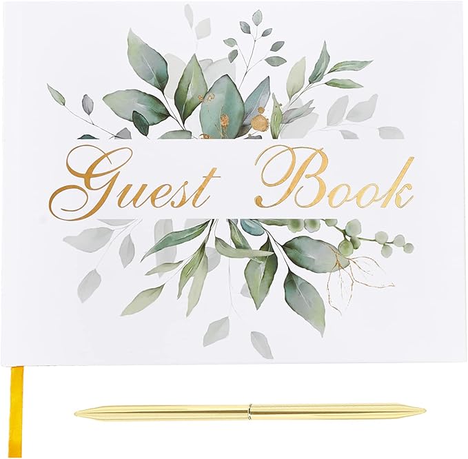 TRULIVA Wedding Guest Book with Pen - Sign in Book for Wedding Reception - Gold Foil - Hard Cover, 7" x 9" (Eucalyptus Gold Foil, Book and Pen)