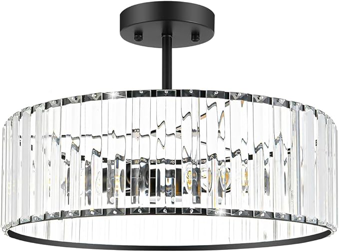 Modern Crystal Ceiling Light Fixture, Semi Flush Mount Ceiling Light, Matte Black Hallway Lighting Fixtures Chandelier, Crystal Chandelier for Kitchen Bedroom Dining Room Closet, 5-Light, 16 Inch
