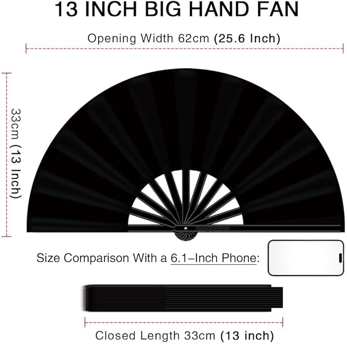 13" Large Folding Rave Fan with Holster, Clack Hand Fans Foldable for Line Dancing, Boots On The Ground Fan for Women Men Festival EDM Party Decoration, Black 2 Pack