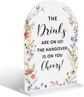 Acrylic Wedding Signs, The Drinks Signs for Marriage Reception, Bridal Shower Decorations, Modern Arched Round Top Acrylic Table Top Sign with Holder for Wedding Party Dinner (White Wildflowers)