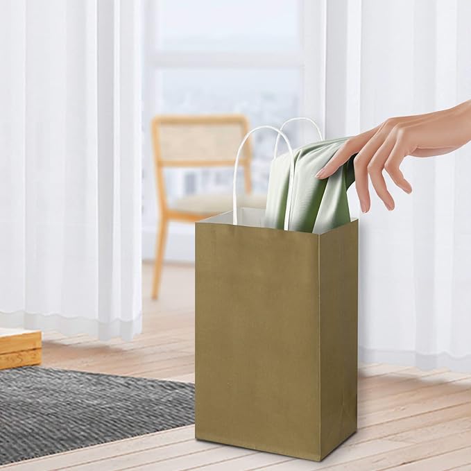 Toovip 50 Pack 5.25x3.25x8.25 Inch Small Gold Kraft Paper Bags with Handles Bulk, Gift Wrap Bags for Favor Grocery Retail Party Birthday Shopping Business Goody Craft Merchandise Take Out Cub Sacks