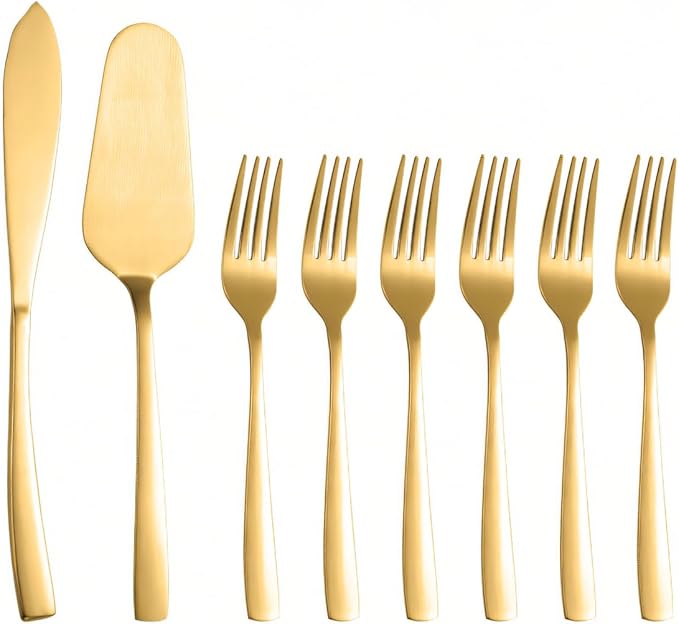 Cake Knife and Server Set with 6 Cake Forks Heavy Duty Thickened 18/0 Stainless Steel Pie Spatula with Comfortable Handle Cake Cutting Set for Wedding (Gold)