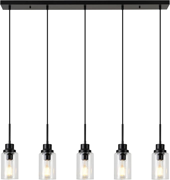 Black Dimmable Pendant Lighting for Kitchen Island, 5-Light Modern Pendant Lights for Kitchen Restaurant Living Room with Clear Glass Shade