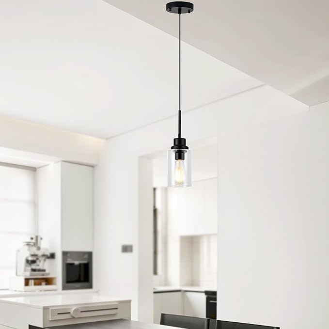Island Lights for Kitchen,Modern Black Farmhouse Clear Glass Cylinder Pendant Light Fixture,Mini Pendant Lighting for Kitchen Island