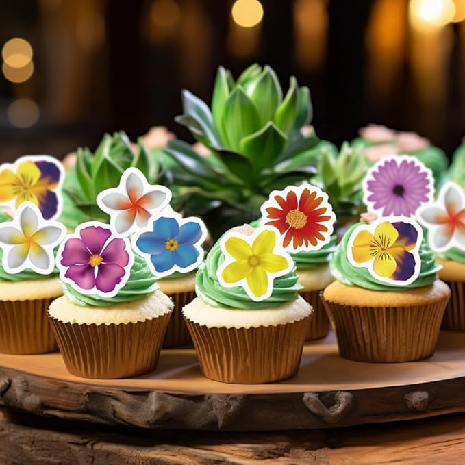 48 Edible Flowers Cupcake Toppers Edible Hawaii Flowers Cupcake Decor Wafer Paper Tropical Luau Flowers Cupcake Picks for Flowers Theme Wedding Birthday Party Decor Supplies