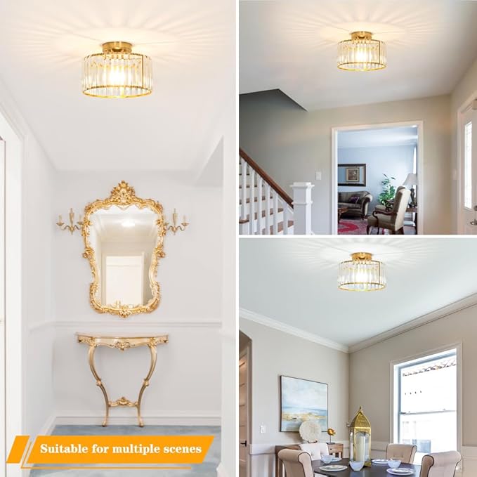 Crystal Ceiling Light Fixture, Modern Semi Flush Mount Ceiling Light, Gold Hallway Lighting Fixtures Chandelier for Kitchen, Close To Ceiling Light Fixtures for Entryway Bedroom, 1-Light, 11Inch