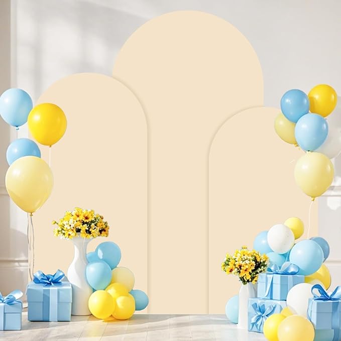 FOTSHARER Wedding Arch Stand and Cover Set of 3 Gold Arch Backdrop Stand with Beige Arch Covers 7.2FT 6.6FT 6FT Background Arch Stand for Garden Arbor Wedding Backdrop Stand Party Anniversary Decor