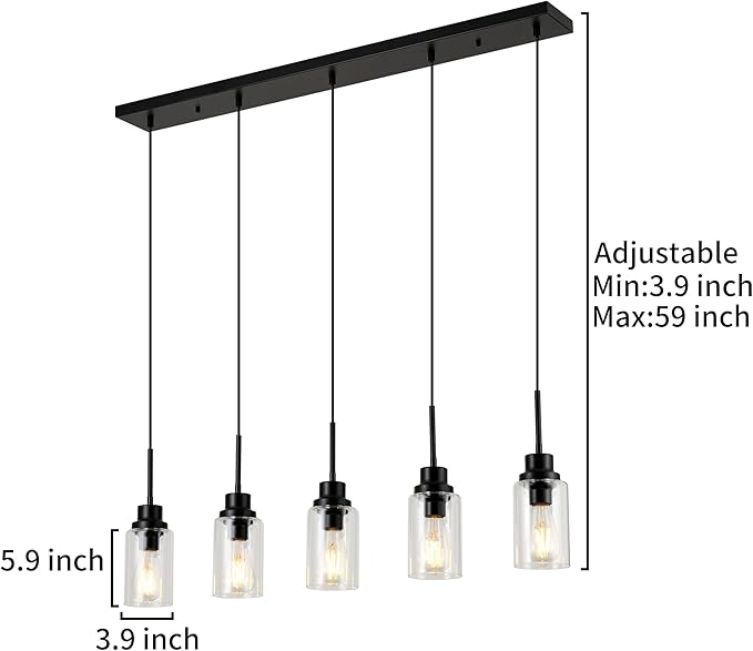 Black Dimmable Pendant Lighting for Kitchen Island, 5-Light Modern Pendant Lights for Kitchen Restaurant Living Room with Clear Glass Shade