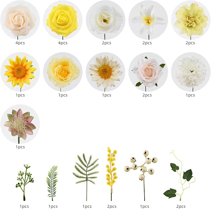 Floweroyal Artificial Flowers Combo Yellow Flowers Mix Silk Flowers Fake Roses with Stems for DIY Wedding Bridal Bouquets, Baby Shower, Floral Arrangement, Table Centerpieces, Home Decorations