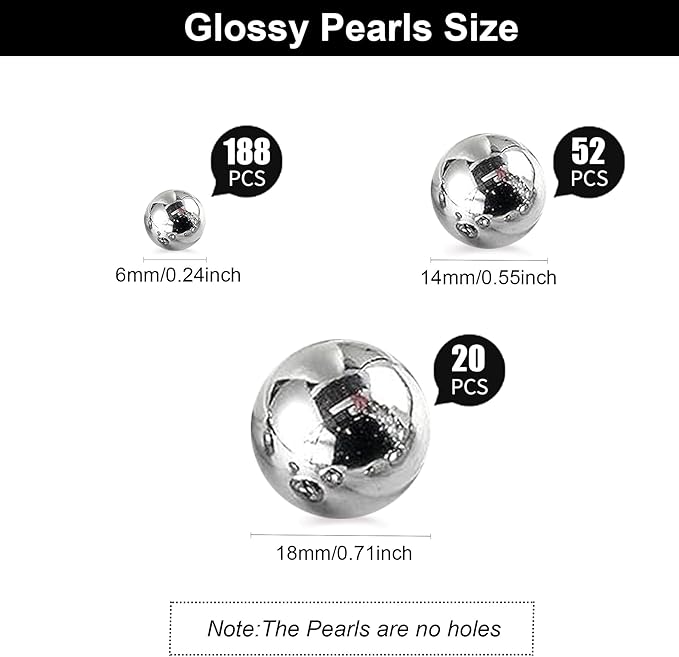 260Pcs Silver Glossy Beads for Centerpiece Decor, Artifical Pearls Vase Filler, Makeup Brush Beads, No Hole Round Pearl Beads for Wedding Birthday Christmas Party Home Decor(18mm 14mm 6mm)