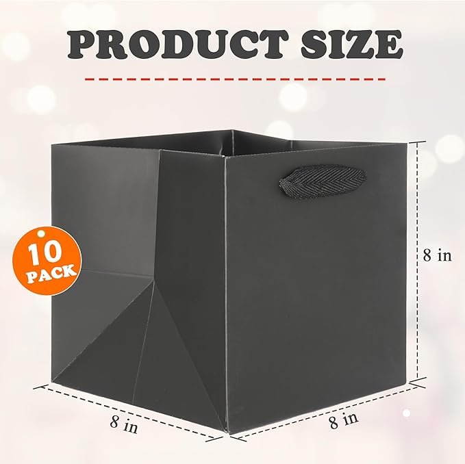 ADIDO EVA Black Square Gift Bags Small Size Square Bottom Paper Bags with Handles for Party Favor, Shopping Bag (8x8x8 In, 10 CT)
