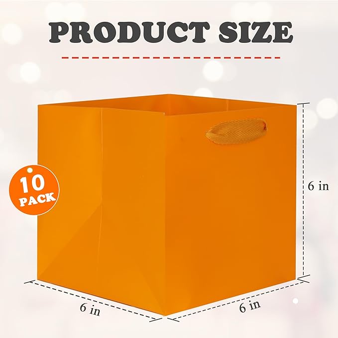 ADIDO EVA Orange Square Gift Bags Small Size Square Bottom Paper Bags with Handles for Party Favor, Shopping Bag (6x6x6 In, 10 CT)