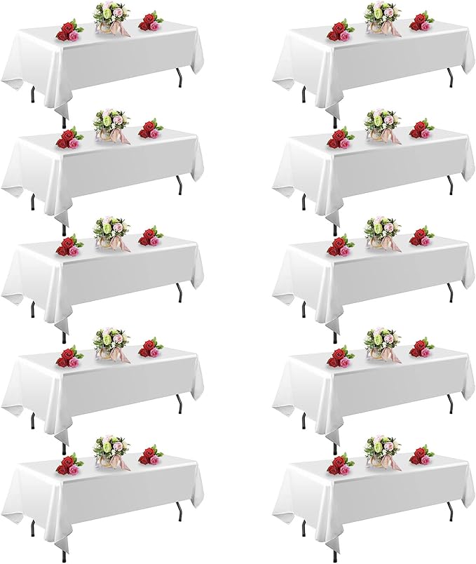 10 Pack White Table Cloth Rectangle Table 60 x 102 Inch Tablecloths for 6 Foot Rectangle Tables. Stain and Winkle Resistant Polyester Washable White TableCloths for Parties Wedding Dining