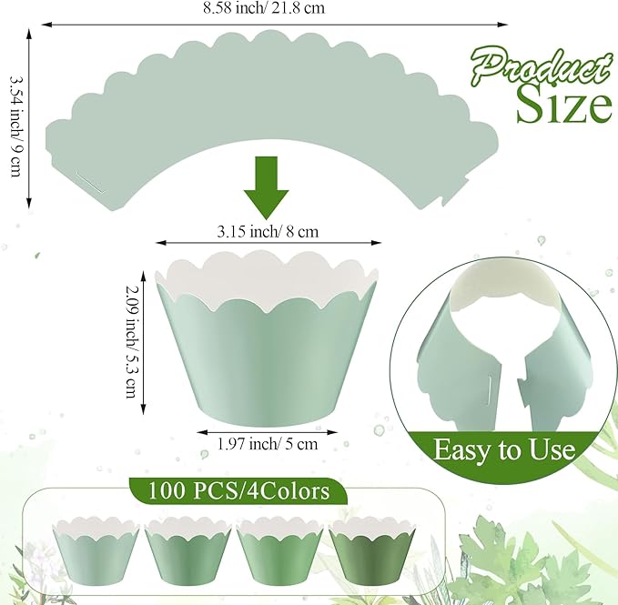 Domensi 100 Pcs Sage Green Cupcake Wrappers Rustic Cupcake Liners Baking Cups Baking Liners for Spring Summer Wedding Bridal Baby Shower Birthday Party Supplies Dessert Decoration