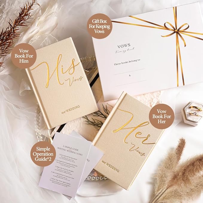 Vow Books His and Hers 2 Pack - 6 x 4 Inch Linen Hardcover Wedding Vow Books with Gold Foil Lettering & Bookmark, Wedding Ceremony Keepsake for Bride and Groom-His and Her Engagement Gift, 48 Pages