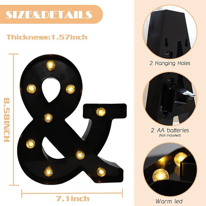 Led Marquee Letters, 8.58 Inch Black Light Up Letters, Small Led Letter Lights, Battery Powered Lighted Letterfor Table, Party, Birthday, Christmas Decor (Black, Letter &)