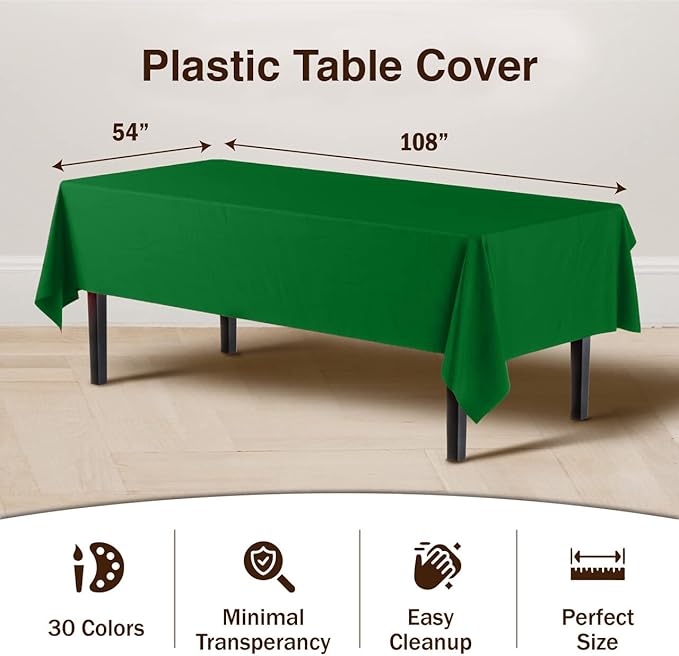 Party Solids Pack Of 12 Premium Plastic Tablecloth 54 Inch x 108 Inch Rectangle Table Cover - Emerald Green