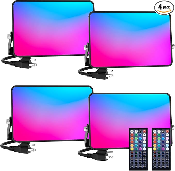 LED Flood Light 600W Equiv, 60W RGB Outdoor Color Changing Stage floodlights with Remote, IP66 Landscape Floor Spotlights, Uplighting Indoor Uplights for Events Party, Timer-DIY Color, 4 Pack
