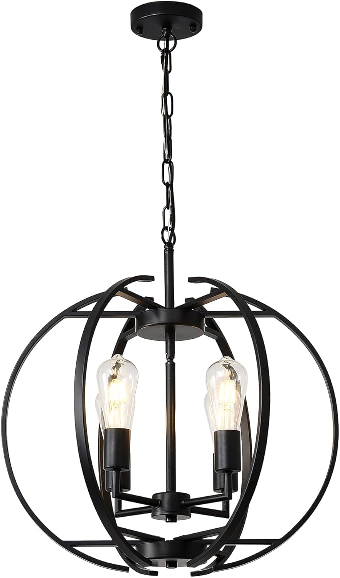 Large Lantern Globe Black Chandelier Lighting, Farmhouse Chandelier Adjustable Pendant Lighting Fixtures Hanging Ceiling 4 Light for Kitchen, Dining Room, Living Room, Hallway