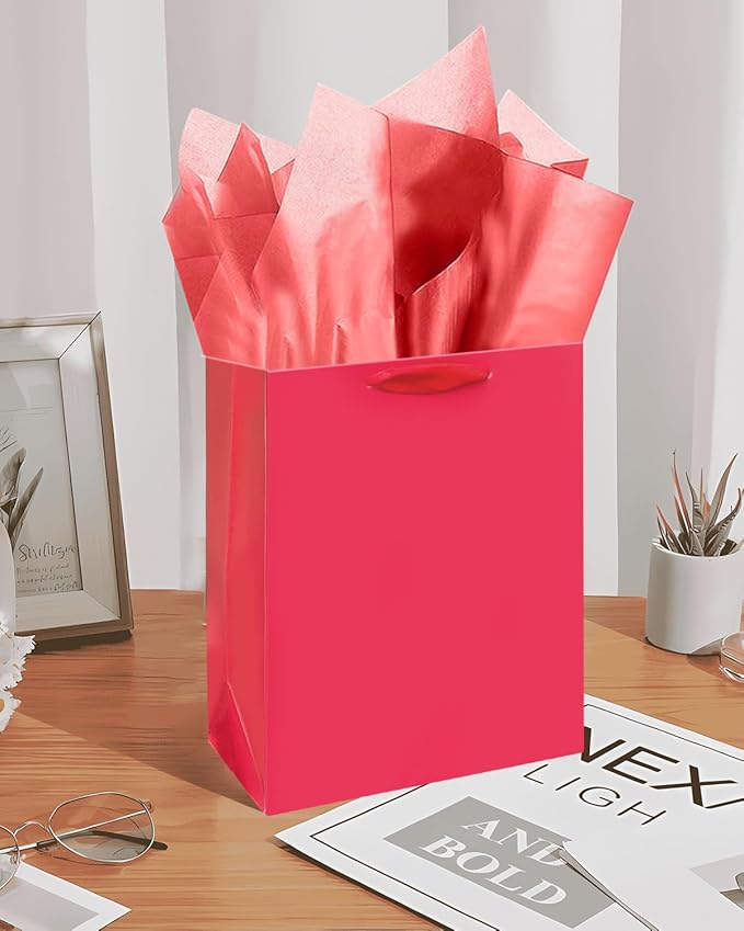 Gcardist Wine Red Gift Bags with Tissue Paper for Wedding, Birthday, Party Supplies-7.9"x4.3"x9.6" Medium Size Cardboard Gift Bags（5pcs Bags +10pcs Tissue Paper ）