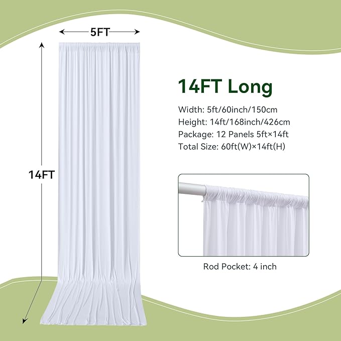 60×14 ft White Wrinkle Free Backdrop Curtain, Soft Silky Polyester Wedding Drapes 12 Panels 14ft Height Photo Backdrop Curtains for Parties Birthday Baby Shower Photography Background Cloth