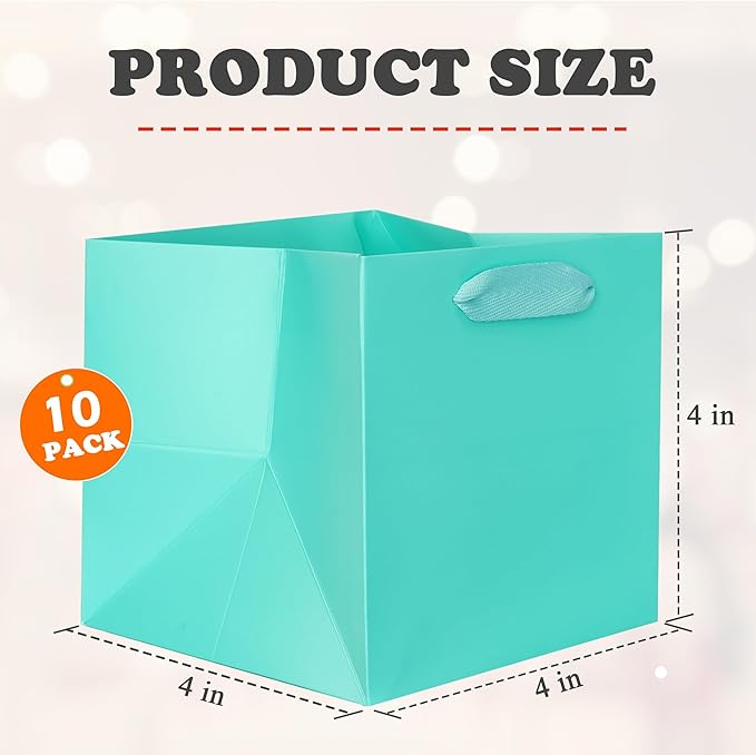 ADIDO EVA Teal Blue Square Gift Bags Mini Small Size Turquoise Square Bottom Paper Bags with Handles for Party Favor (4x4x4 In, 10 CT)