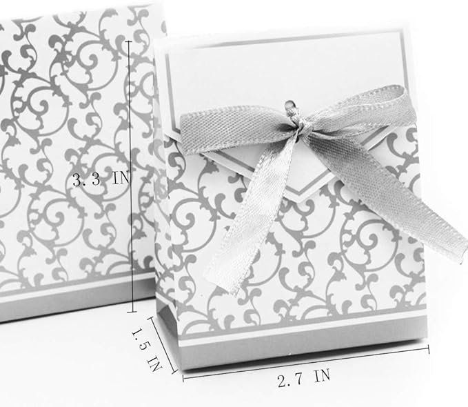 KUPOO 50PCS Candy Boxes,Silver Ribbon Wedding Favor Boxes Candy Bag Cake Box for Wedding Party Decoration Easter (silver)