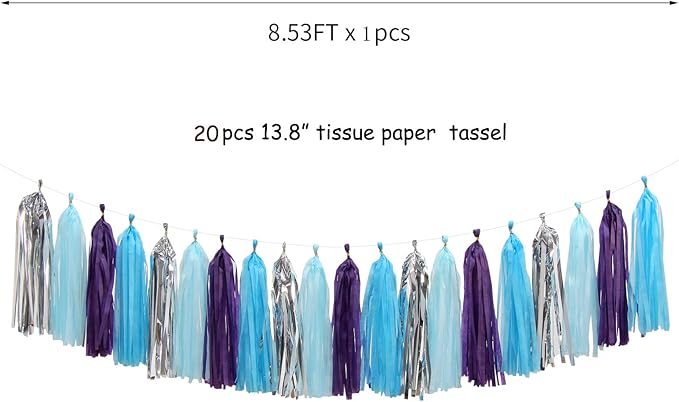 Purple-Blue Silver Frozen Party-Decorations Tassel-Garland -20pcs Winter Girl Birthday New Year Christmas Tassels Banner Streamers Wonderland Mermaid Baby Shower Wedding Supplies Party Decor Panduola