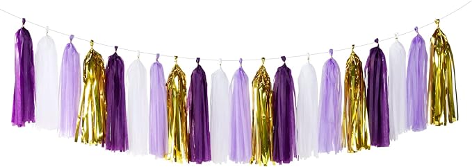 Purple-Gold Party Decoration Tassel Garland - 20pcs Lavender White Gold Birthday Party Supplies Tassels Banner Women Girls Wedding Engagement Bachelorette Graduation Decorations