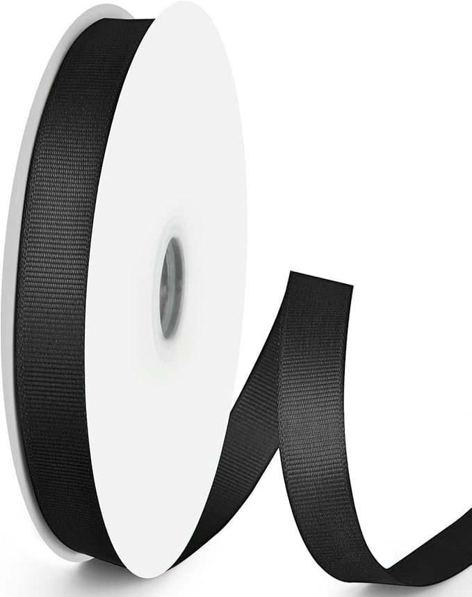 50 Yards 5/8 inch Grosgrain Ribbon, Solid Color Fabric Ribbon Perfect for Gift Wrapping, Wedding, Handmade Bows, Floral Bouquets and Party Decoration(Black)