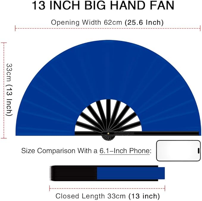 13" Large Folding Rave Fan with Holster, Clack Hand Fans Foldable for Line Dancing, Boots On The Ground Fan for Women Men Festival EDM Party Decoration, Blue 2 Pack