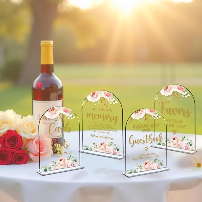 4 Pcs Acrylic Wedding Signs for Reception, Bridal Shower Decorations, Cards and Gifts Signs, Guest Book Sign, Arch Acrylic Table Top Sign with Holder for Wedding Reception (Clear Pink Flowers)