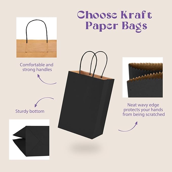 MESHA Gift Paper Bags 500 PACK 5.25x3.75x8'' Black Medium Shopping Kraft Bags Bulk with Handles Reusable for Business,Grocery,Birthday,Wedding,Kids Party,Favors