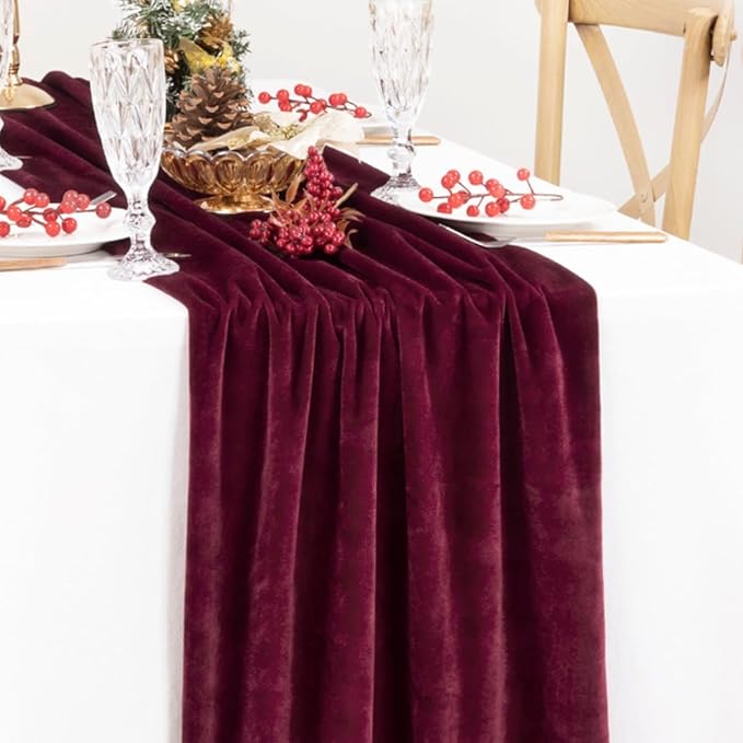 MLMC Burgundy Velvet Table Runner 10ft Elegant Luxury Wine Red Velvet Fall Table Runner 20x120 Inches Table Decor for Wedding Bridal Shower Home Party Halloween Chritmas Decor
