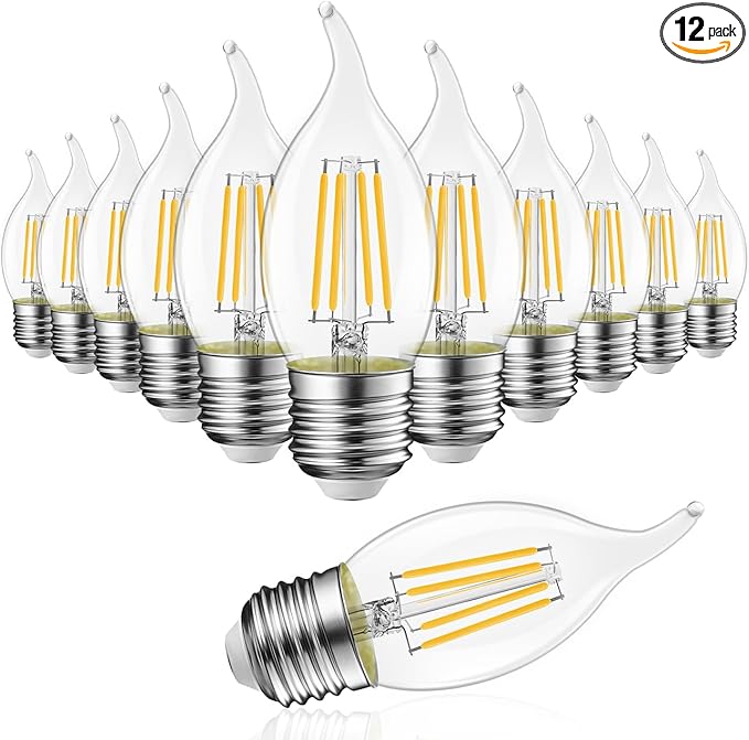 LVWIT Flame Tip LED Filament Bulb Candelabra E26 Base Dimmable 4.5W (60W Equivalent) B11 Chandelier Candle Light Bulb，2700K Warm White 12-Pack