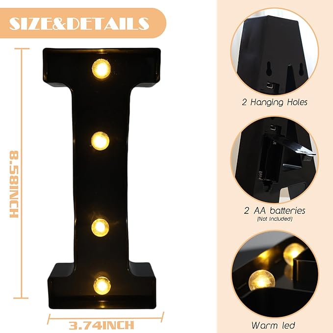 Led Marquee Letters, 8.58 Inch Black Light Up Letters, Small Led Letter Lights, Battery Powered Lighted Letterfor Table, Party, Birthday, Christmas Decor (Black, Letter I)