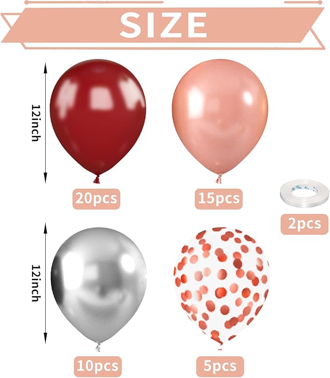 Burgundy Rose Gold Balloons, 52 PCS 12 Inch Wine Red Silver Rose Gold Latex Balloons with Confetti Balloons for Women Girls Birthday Wedding Bridal Shower Party Anniversary Decoration