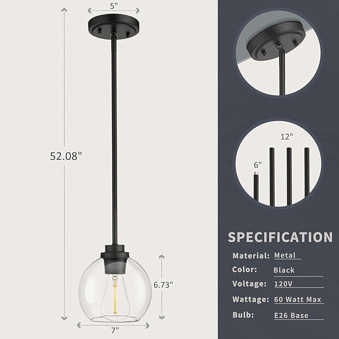 Pendant Light Fixtures,7 Inch Globe Black Pendant Lights Kitchen Island with Clear Glass, Modern Hanging Lights for Kitchen Island, Dining Room, Bedroom, Hallway, Farmhouse,1 Pack