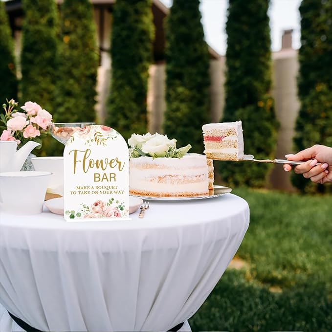 Acrylic Wedding Signs, Flower Bar Desk Decor, Flower Bar Signs for Ceremony, Modern Calligraphy Arch Acrylic Table Top Sign for Wedding Reception and Engagement Parties (Pink Flowers)
