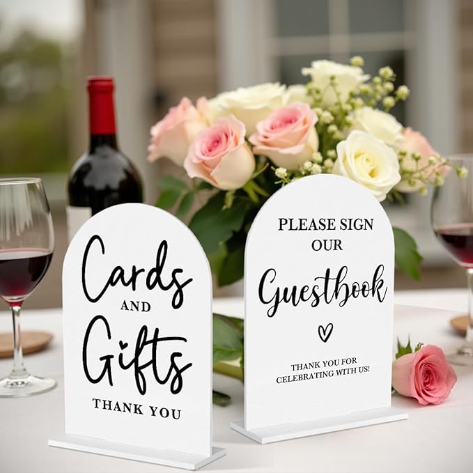 2 Pcs Acrylic Wedding Signs for Ceremony and Reception, Bridal Shower Decorations, Cards and Gifts Signs, Guest Book Sign, Arch Acrylic Table Top Sign with Holder for Wedding Reception (White)